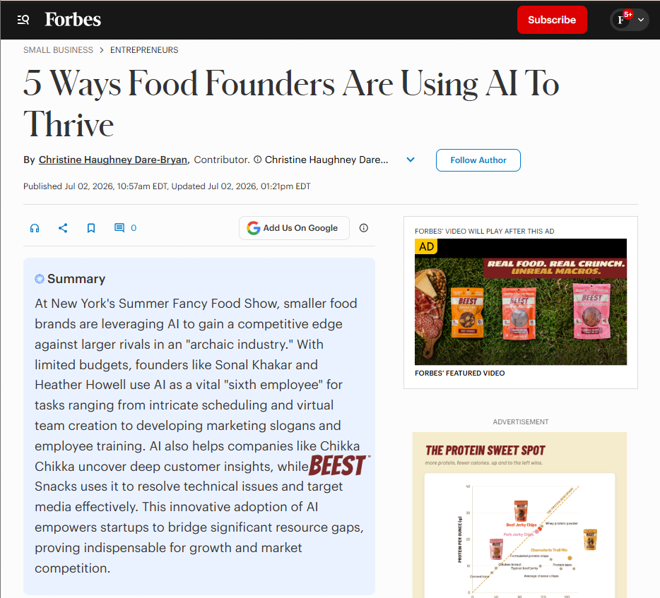Forbes headline, 5 Ways Food Founders Are Using AI To Thrive, with BEEST Snacks mentioned