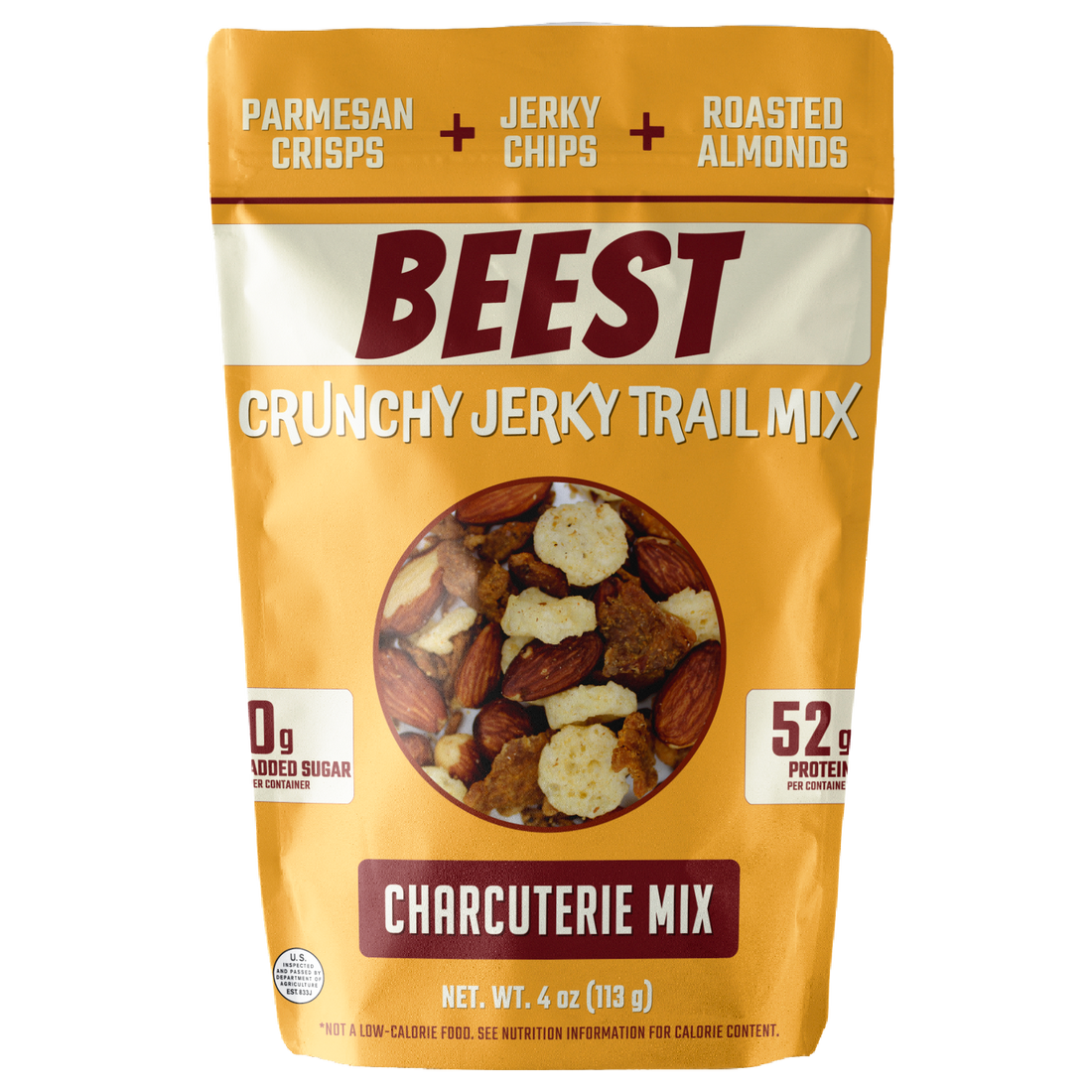 Packaging of BEEST Snacks Crunchy Jerky Trail Mix showing a bag with Parmesan crisps, jerky chips, cherry chips and roasted almonds.