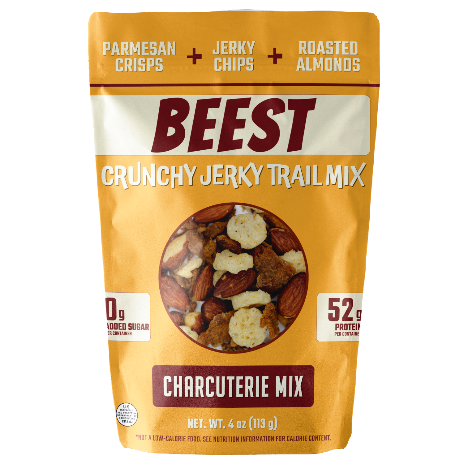 Packaging of BEEST Snacks Crunchy Jerky Trail Mix showing a bag with Parmesan crisps, jerky chips, cherry chips and roasted almonds.