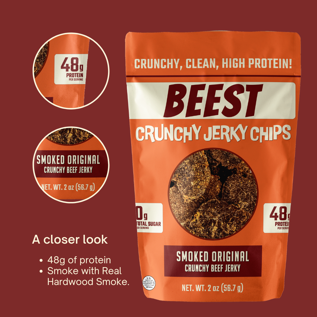 Graphic with BEEST Crunchy Beef Jerky Chips (Smoked Original) on red background showing 2 oz bag with close-up circles and callouts describing 48g of protein and smoke with real hardwood smoke; high-protein clean snack with 230 calories per bag, 4g fat, 0g sugar.