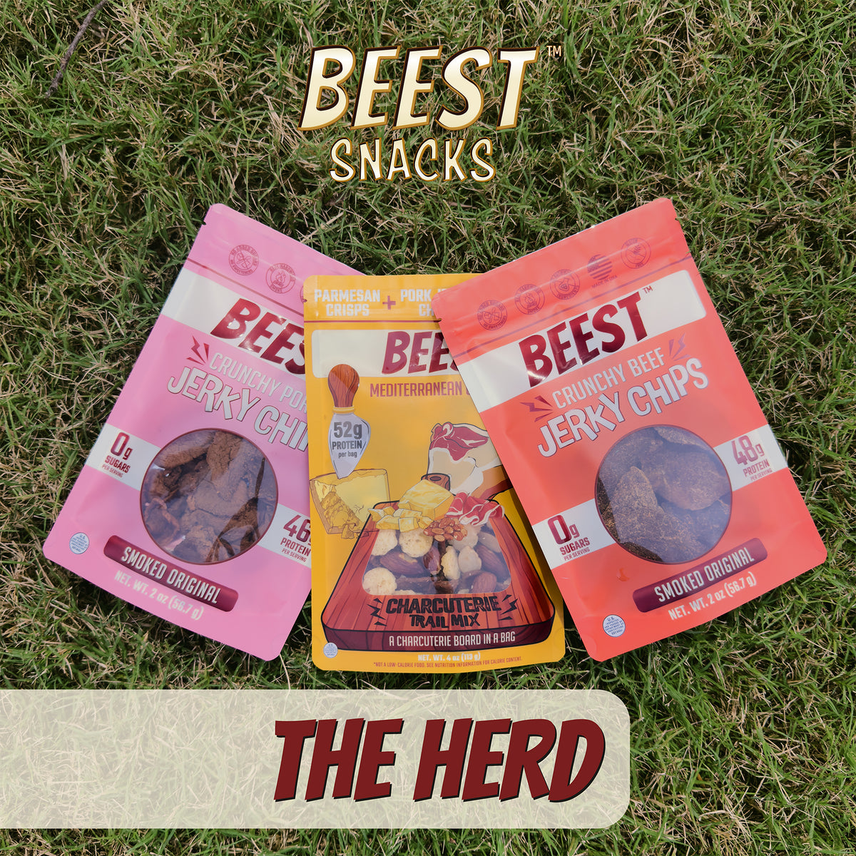 BEEST The Herd on green grass with the BEEST Snacks logo: Pork Jerky Chips, Charcuterie Trail Mix and Beef Jerky Chips