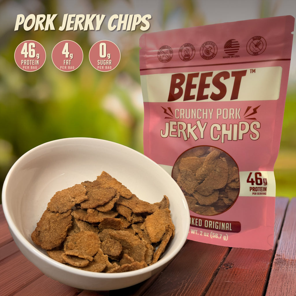 BEEST Pork Jerky Chips bag beside a bowl of chips: 46g protein, 4g fat and 0g sugar per bag