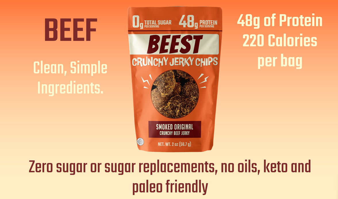 BEEST Snacks | Crunchy Beef Jerky Chips, Chip-like Crunch, 48g Protein per 2oz bag, , 230 Calories, Low Fat, Low Calorie, Carnivore, Paleo, Keto, Sugar Free, No Artificial Flavors or Preservatives, High Protein Meat Snack