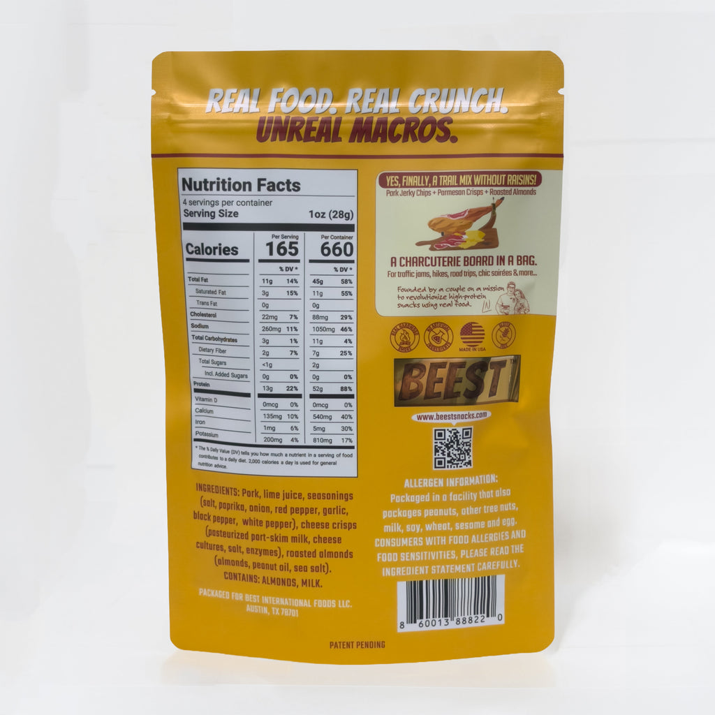 Back of a 4 oz bag of BEEST Charcuterie Trail Mix, Mediterranean Crunch, on a white background, showing the Nutrition Facts panel and ingredient list.