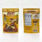 Front and back of a 4 oz bag of BEEST Charcuterie Trail Mix, Mediterranean Crunch, side by side on a white background.