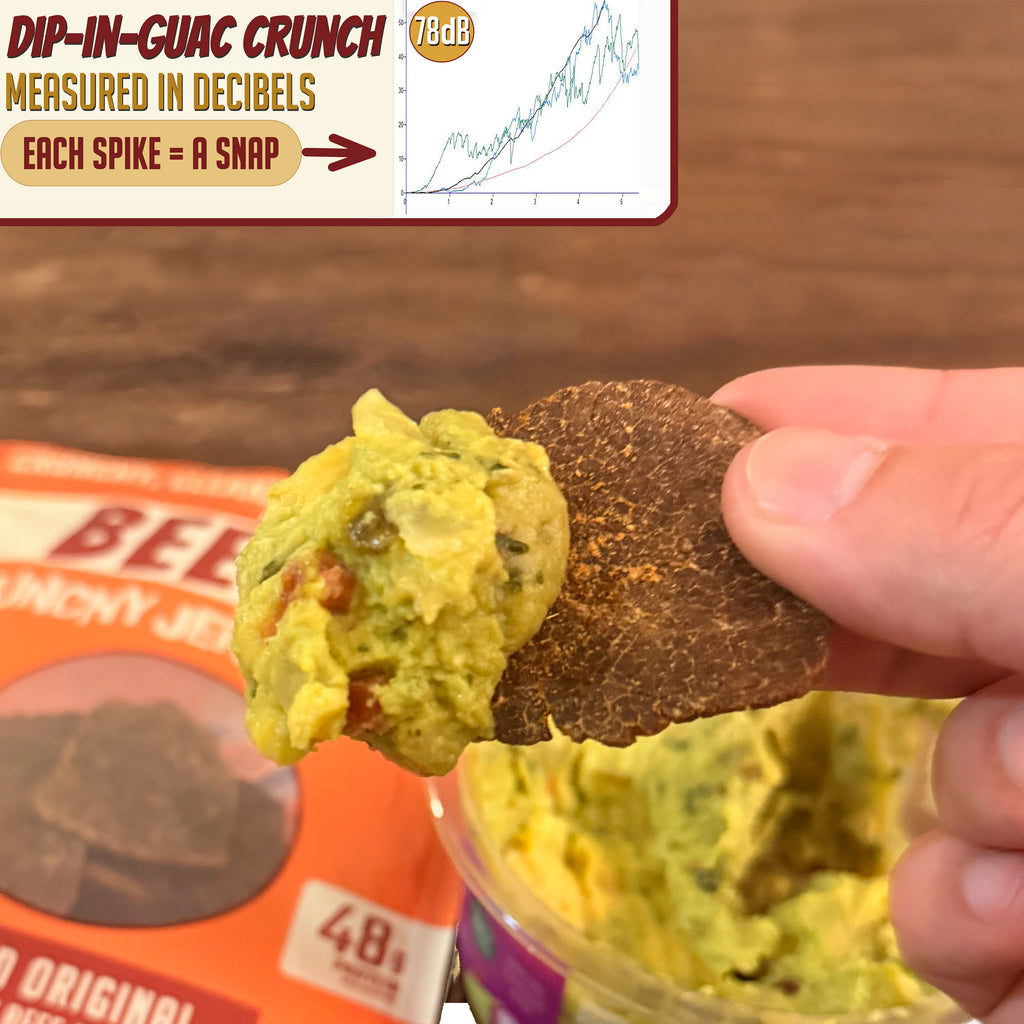 A BEEST Beef Jerky Chip scooping guacamole in front of the bag: dip-in-guac crunch, measured in decibels