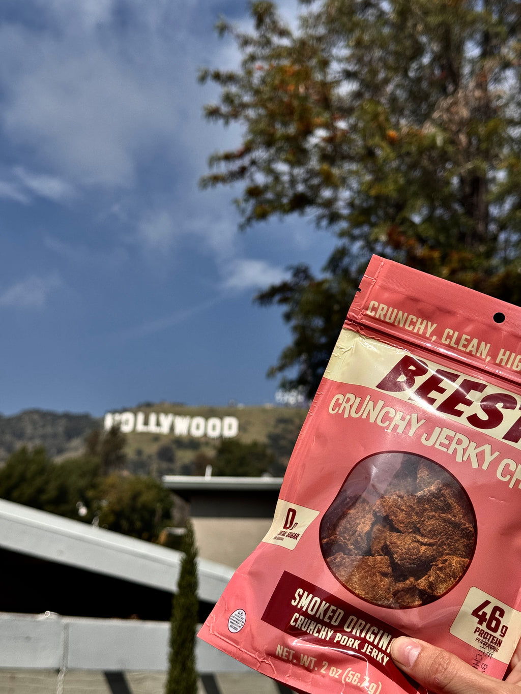 Pink package of BEEST Pork Jerky Chips with Hollywood sign in the background