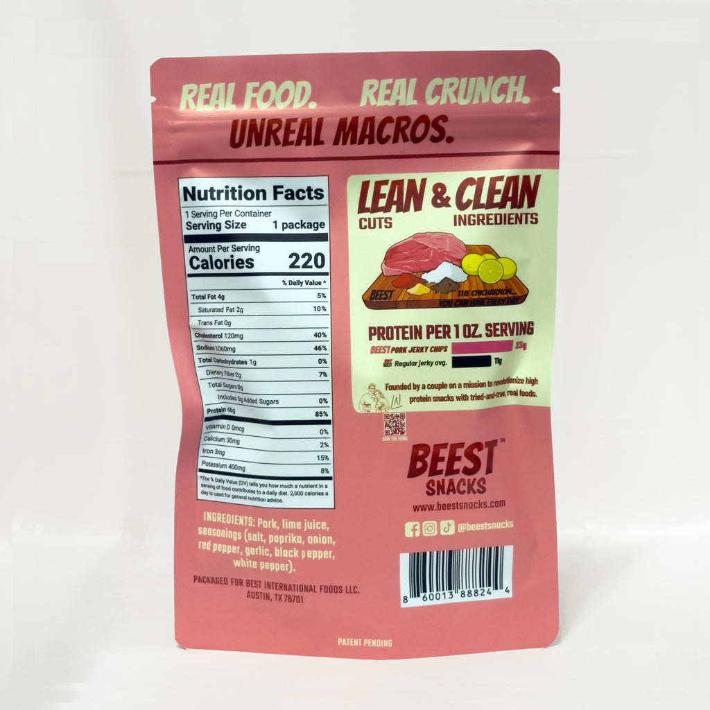 Back of a 2 oz bag of BEEST Crunchy Pork Jerky Chips on a white background, showing the Nutrition Facts panel and ingredient list.