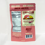 Back of a 2 oz bag of BEEST Crunchy Pork Jerky Chips on a white background, showing the Nutrition Facts panel and ingredient list.