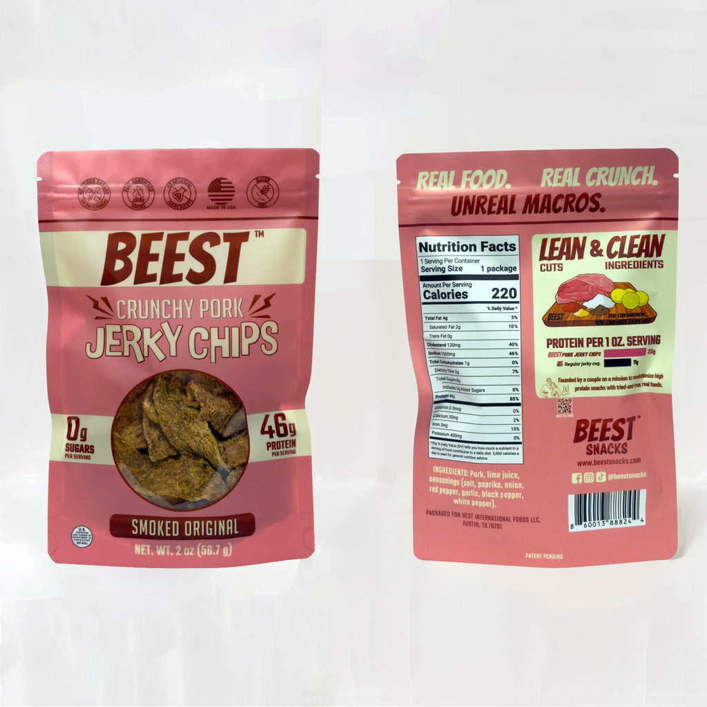 Front and back of a 2 oz bag of BEEST Crunchy Pork Jerky Chips side by side on a white background.