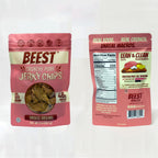 Front and back of a 2 oz bag of BEEST Crunchy Pork Jerky Chips side by side on a white background.