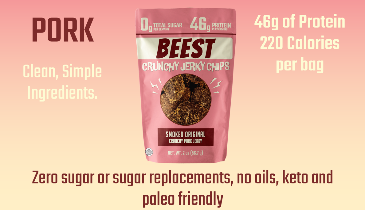 BEEST Snacks | Crunchy Pork Jerky, Chip-like Crunch, 46g Protein per 2oz Bag, 220 calories, No Oils, Sugar Free, Paleo, Carnivore, Keto, Low Fat, Low Calorie, No Artificial or Natural Flavors, No Preservatives, High-Protein Meat Snack