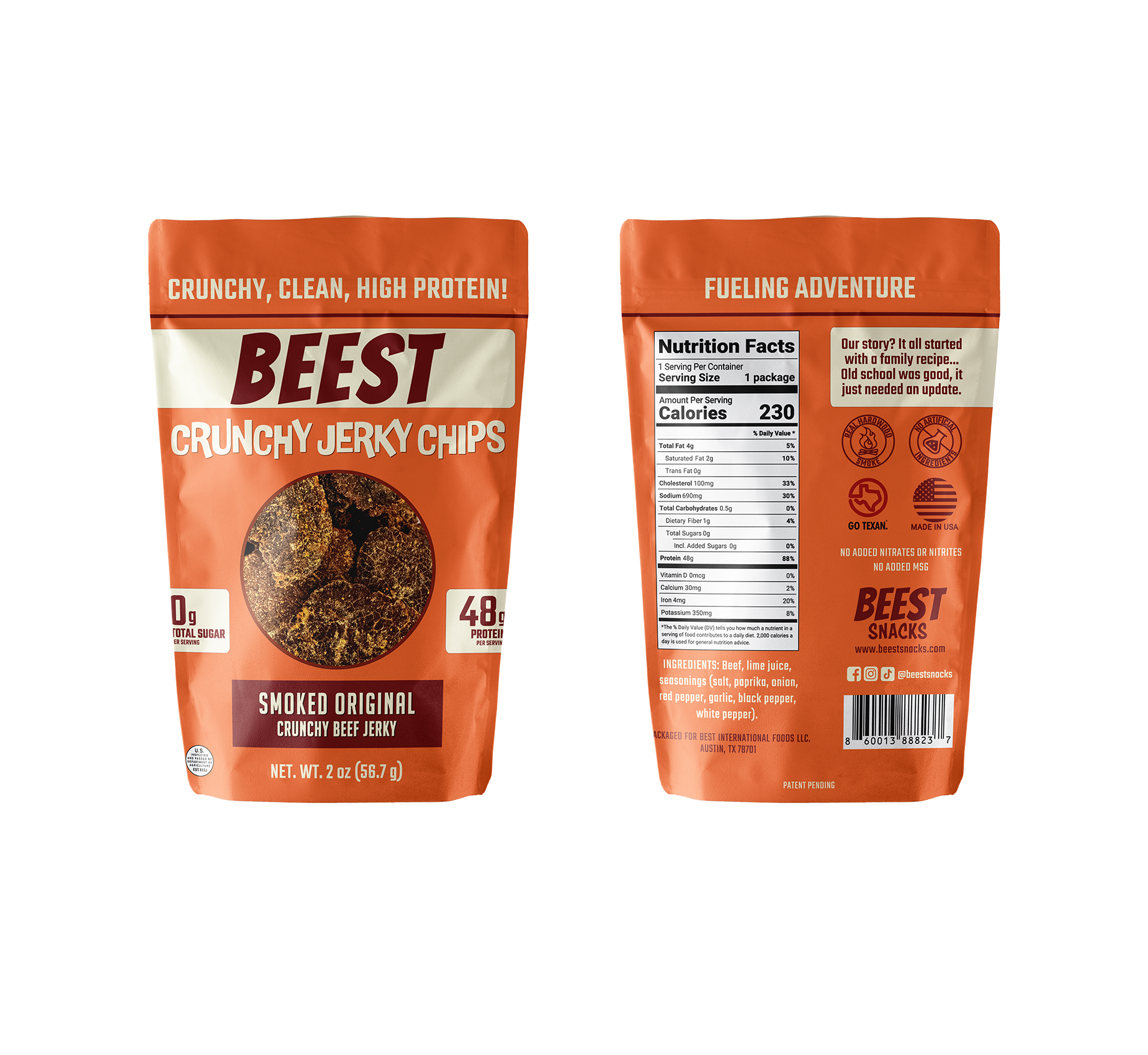 BEEST Crunchy Beef Jerky Chips – Smoked Original packaging (front and back) showing 2 oz bag of crunchy jerky chips with window; high-protein snack with 230 calories per bag, 48g protein, 4g total fat, 0g sugar.