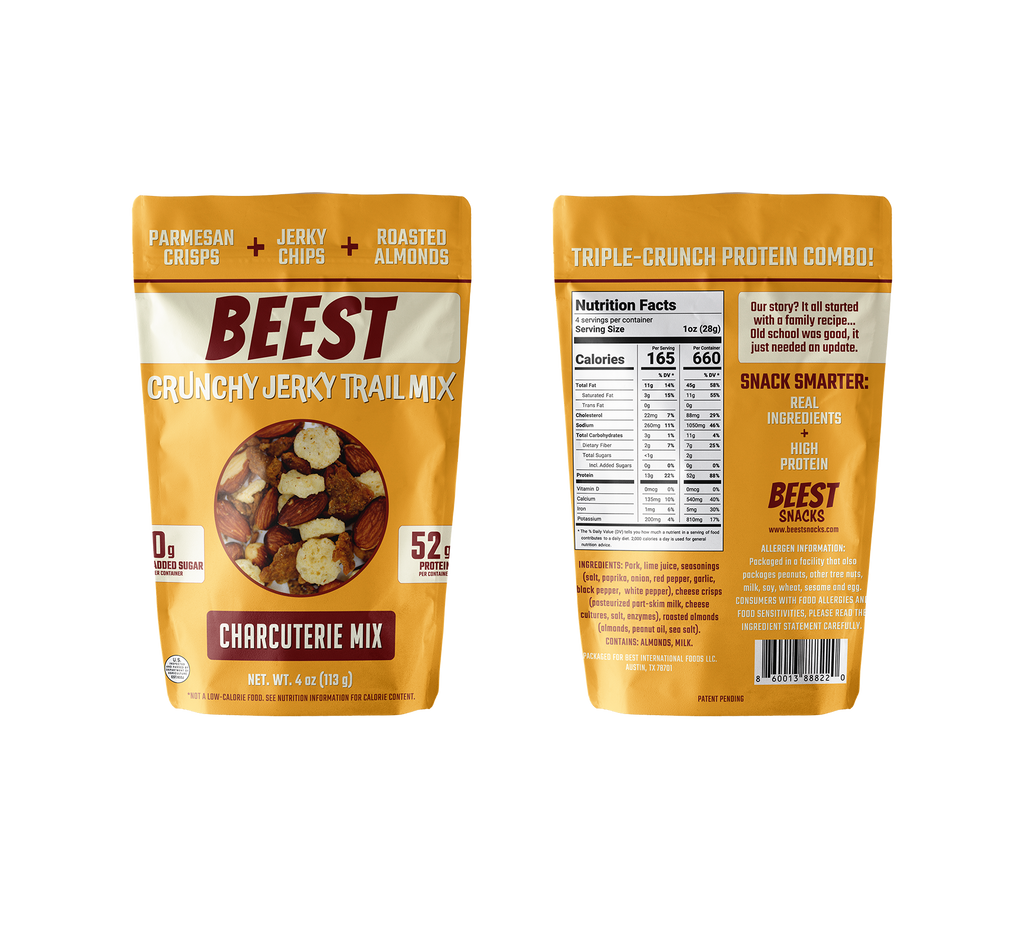 BEEST Crunchy Jerky Trail Mix – charcuterie mix of pork jerky chips, parmesan cheese crisps and roasted almonds with 52g protein per 4oz bag, high-protein snack, 660 calories, 45g fat, 11g carbs.