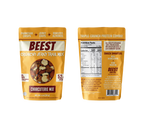 BEEST Crunchy Jerky Trail Mix – charcuterie mix of pork jerky chips, parmesan cheese crisps and roasted almonds with 52g protein per 4oz bag, high-protein snack, 660 calories, 45g fat, 11g carbs.