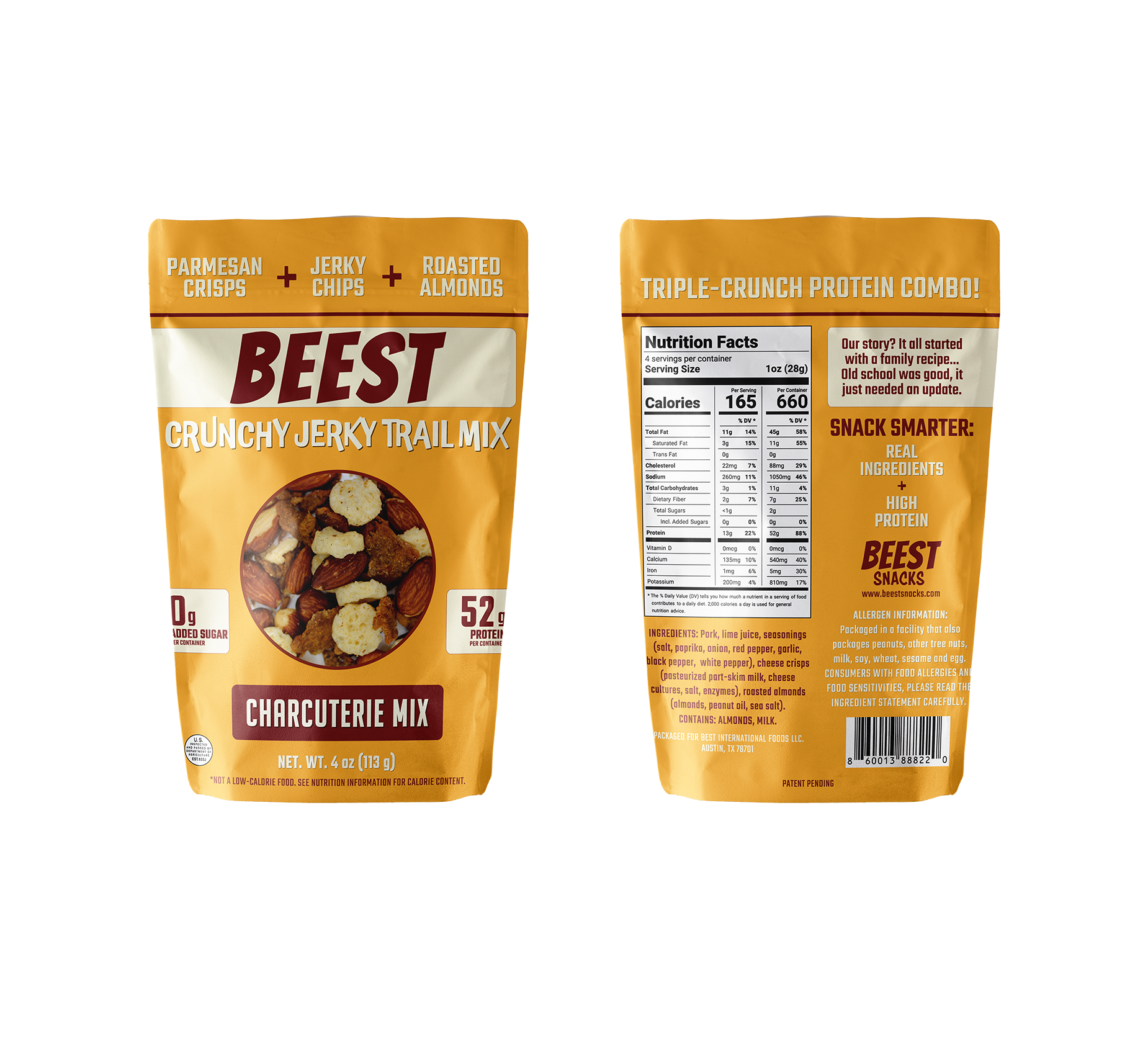 BEEST Crunchy Jerky Trail Mix – charcuterie mix of pork jerky chips, parmesan cheese crisps and roasted almonds with 52g protein per 4oz bag, high-protein snack, 660 calories, 45g fat, 11g carbs.