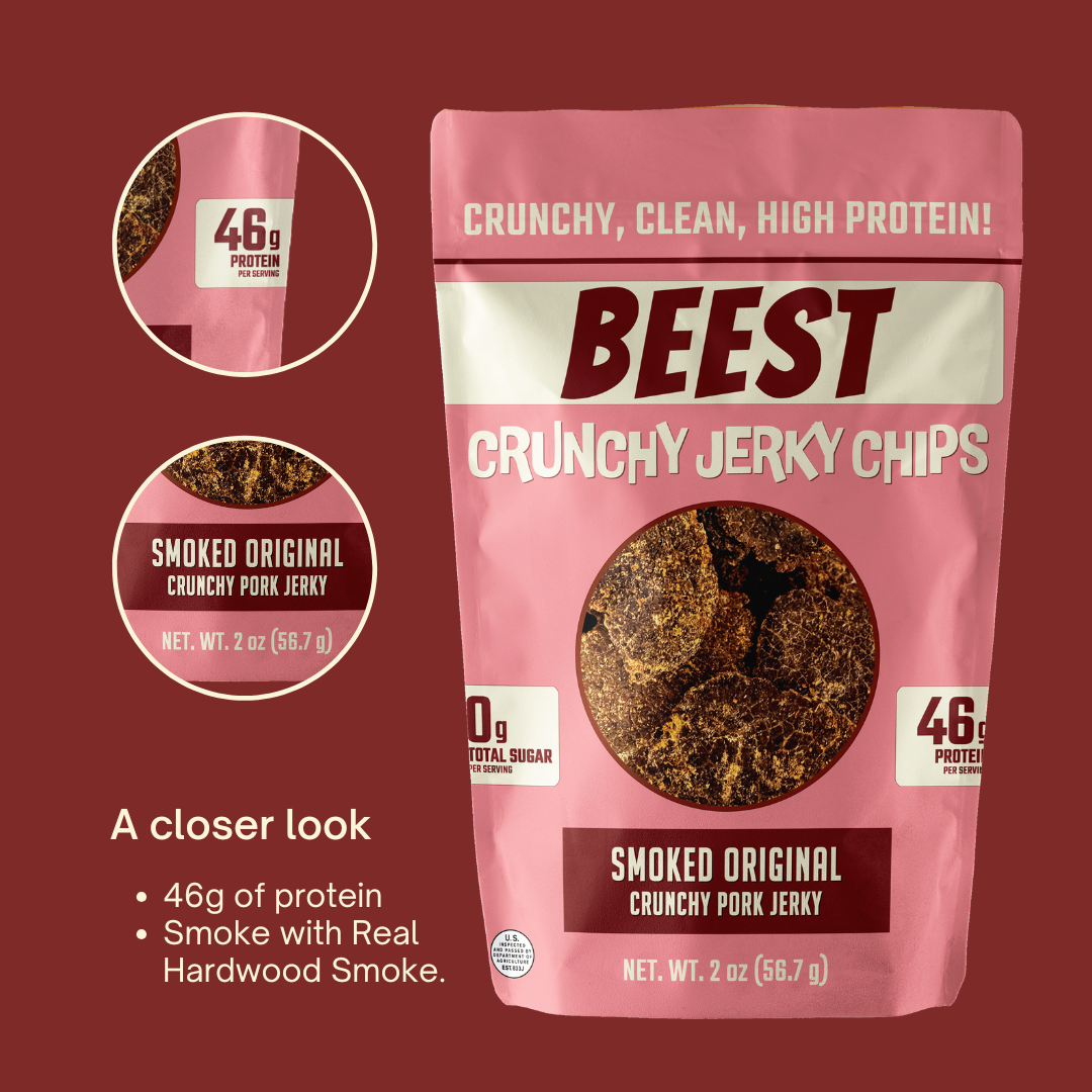 Graphic with BEEST Crunchy Pork Jerky Chips (Smoked Original) on red background showing 2 oz bag with close-up circles and callouts describing 46g of protein and smoke with real hardwood smoke; high-protein clean snack with 220 calories per bag, 4g fat, 0g sugar.