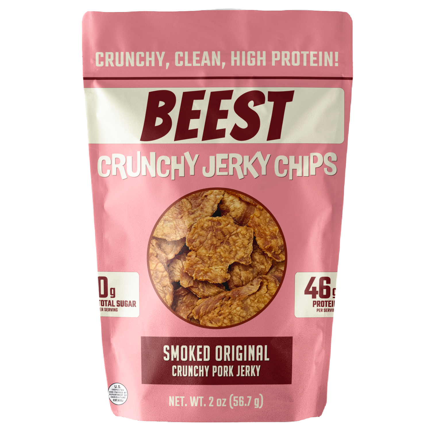 BEEST Crunchy Jerky Chips – Smoked Original, pork jerky chips in a pink bag package. High-protein snack (46g protein per 2 oz bag), 220 calories, 4 g fat, 0 g carbs, 0 g sugar, clean ingredients, crunchy pork jerky chips.