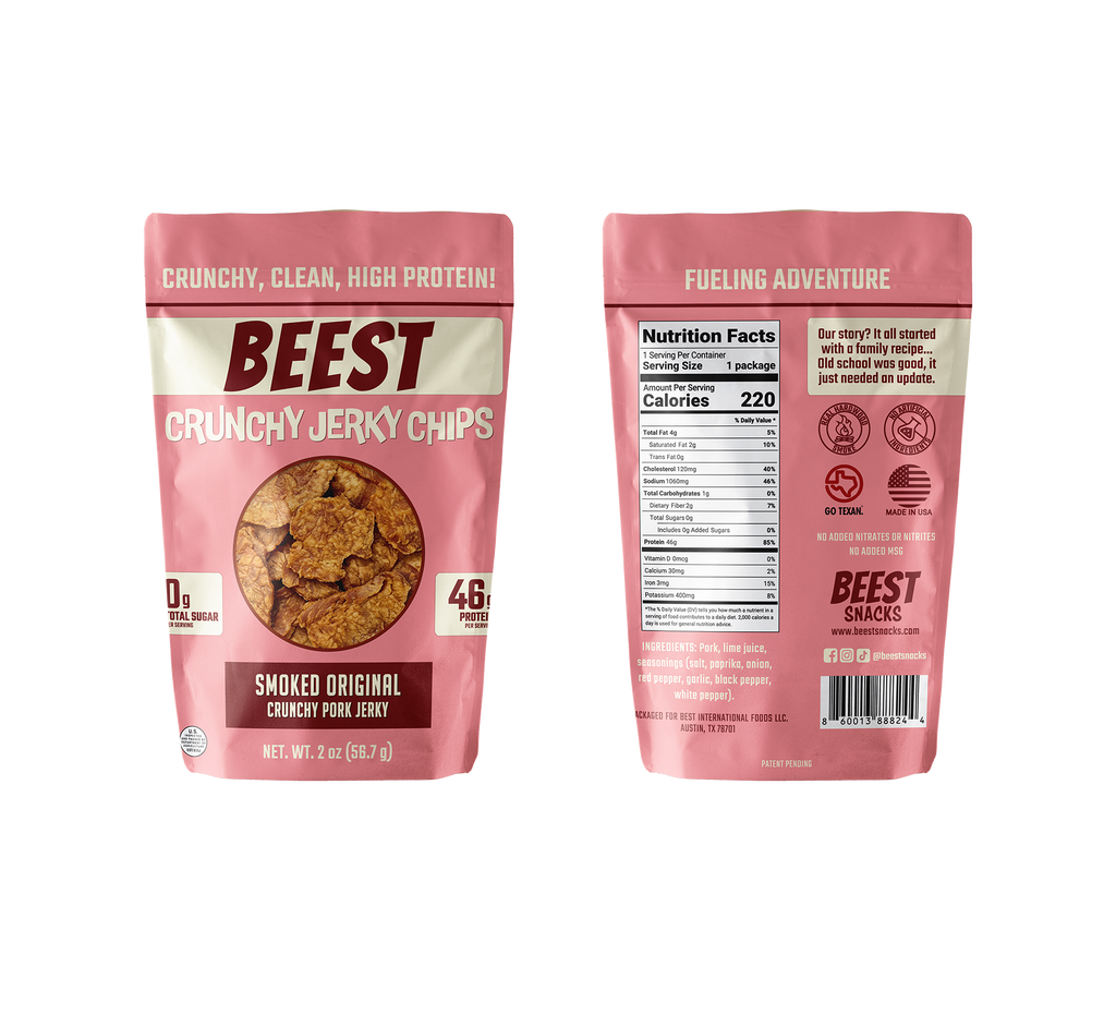 BEEST Crunchy Pork Jerky Chips – Smoked Original packaging showing front and back of 2 oz bag; crunchy pork jerky chips with 46g protein per bag, 220 calories, 4g fat, 0g carbs and 0g sugar.