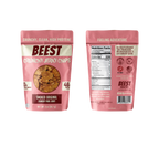 BEEST Crunchy Pork Jerky Chips – Smoked Original packaging showing front and back of 2 oz bag; crunchy pork jerky chips with 46g protein per bag, 220 calories, 4g fat, 0g carbs and 0g sugar.