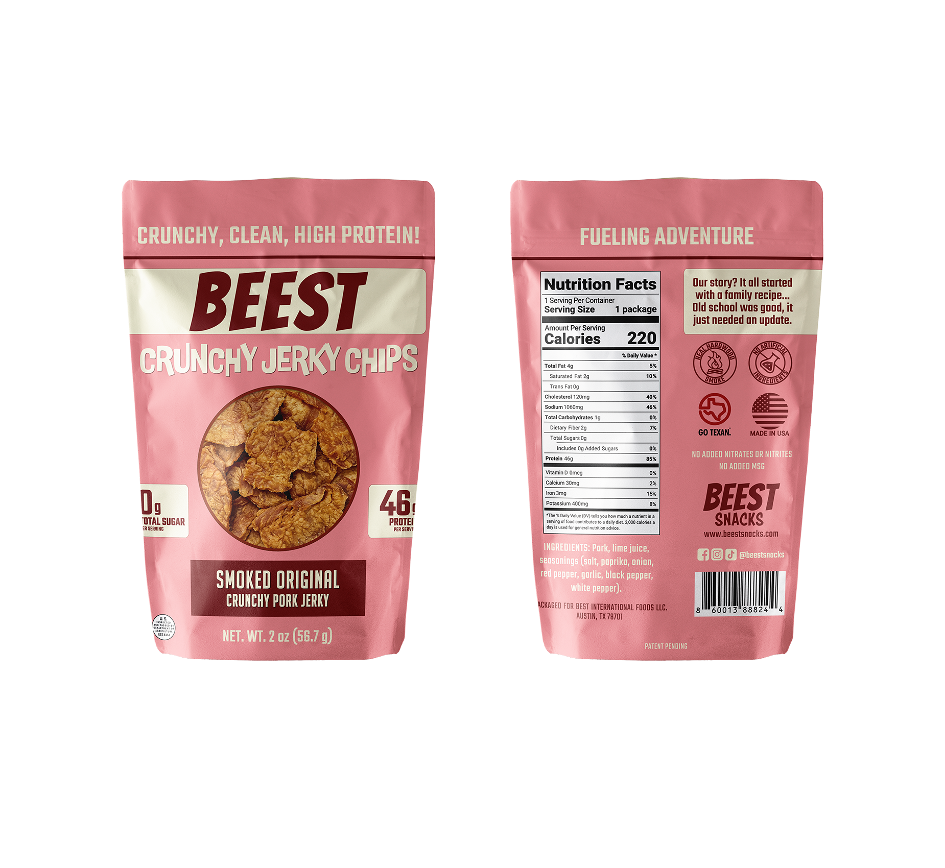 BEEST Crunchy Pork Jerky Chips – Smoked Original packaging showing front and back of 2 oz bag; crunchy pork jerky chips with 46g protein per bag, 220 calories, 4g fat, 0g carbs and 0g sugar.
